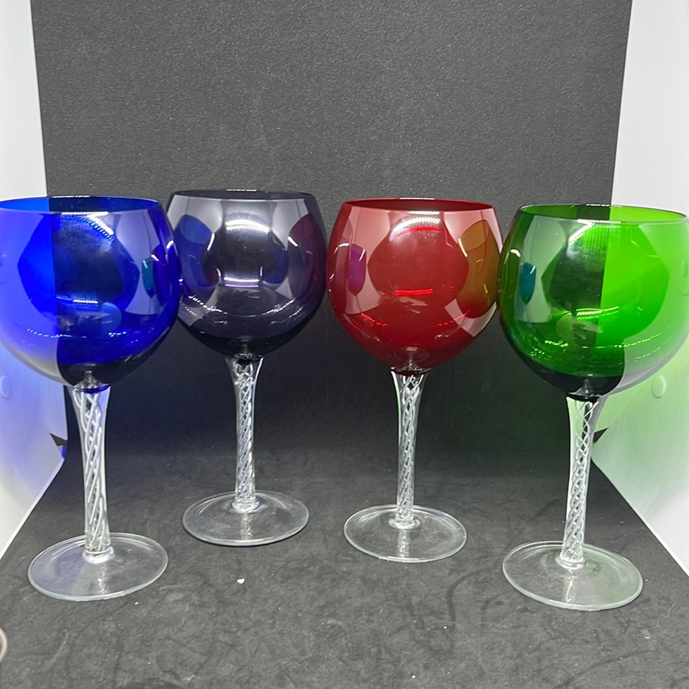 Vintage Balloon Wine Glasses Cocktail Goblets Clear Twisted Stems Hand Blown